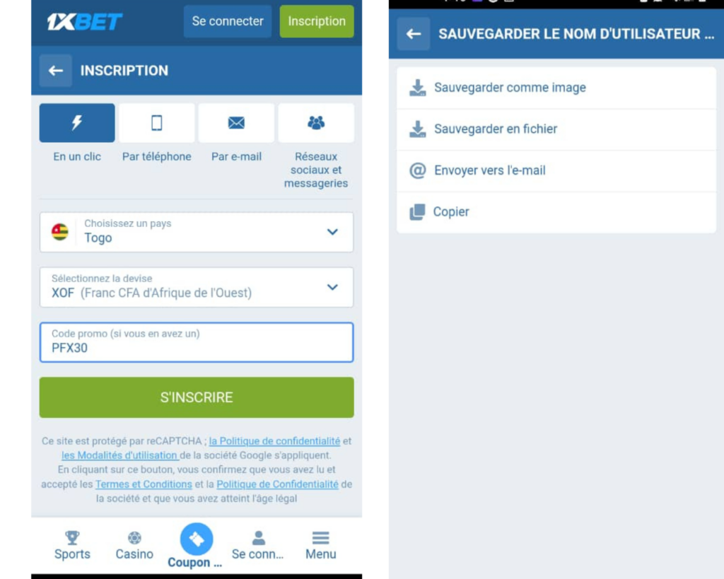 Inscription en un clic sur 1Xbet