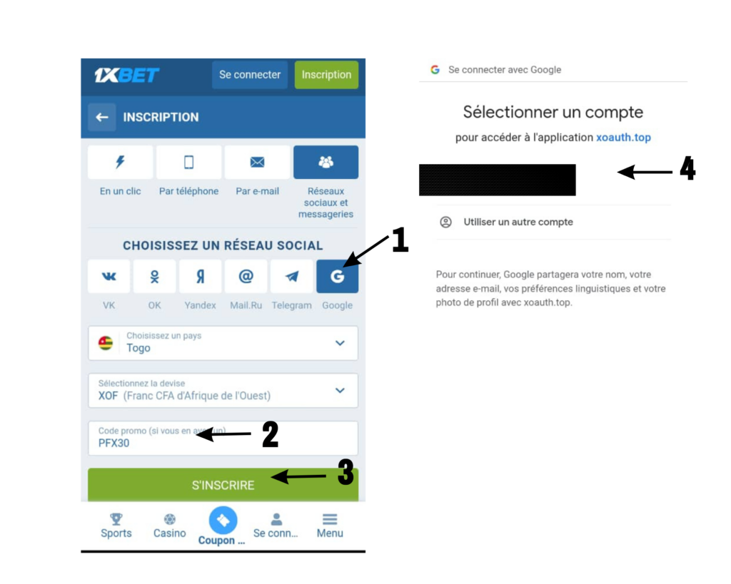 1Xbet: inscription par  réseaux sociaux et messagerie