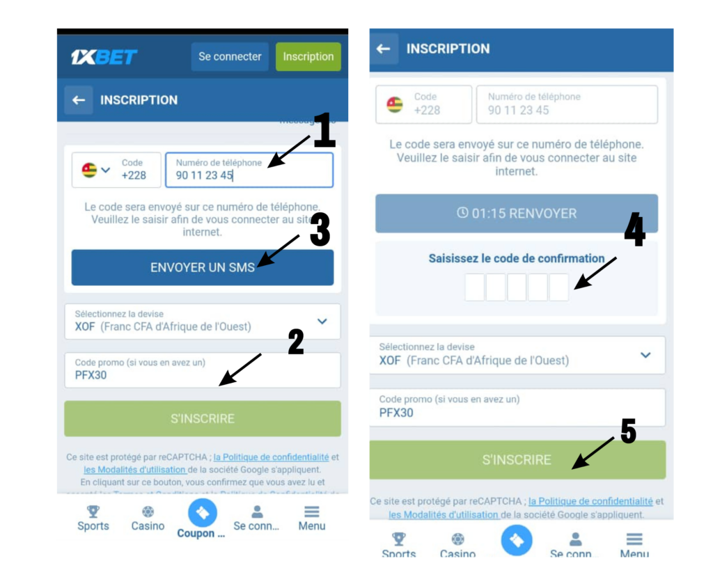 1Xbet: inscription par téléphone