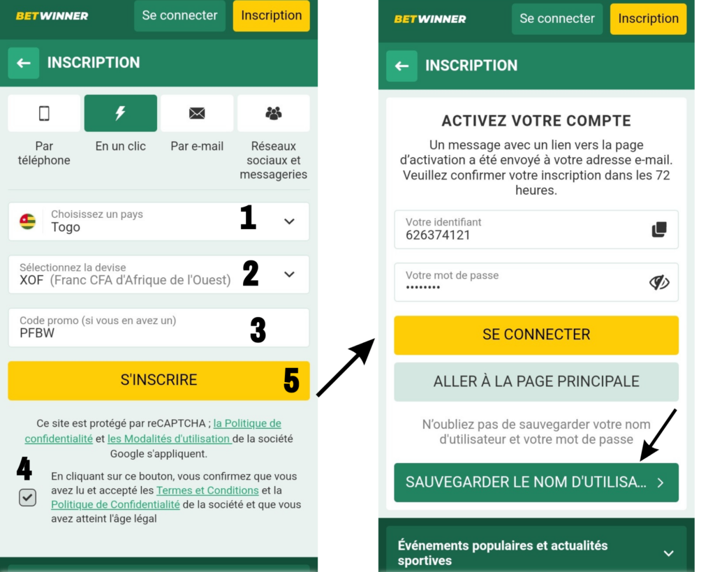Inscription en un clic sur Betwinner