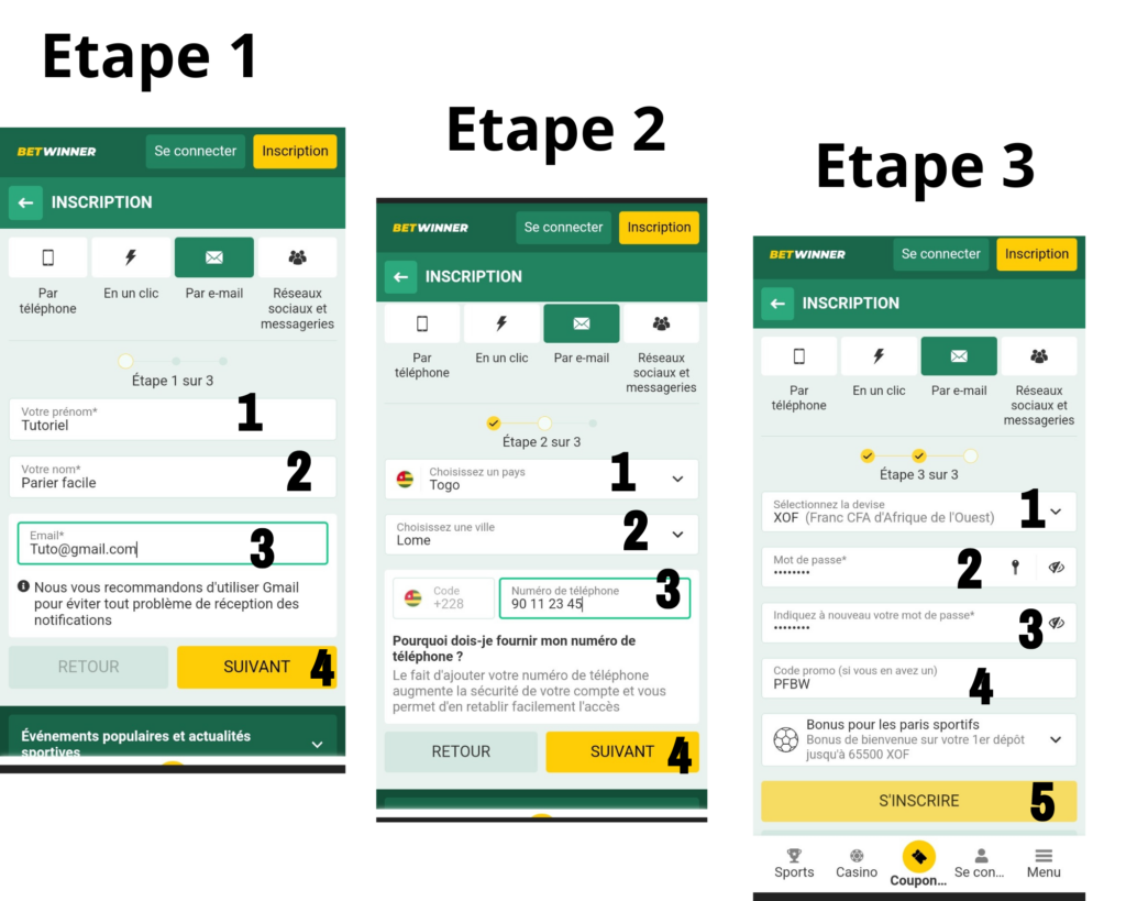 Inscription par email sur betwinner