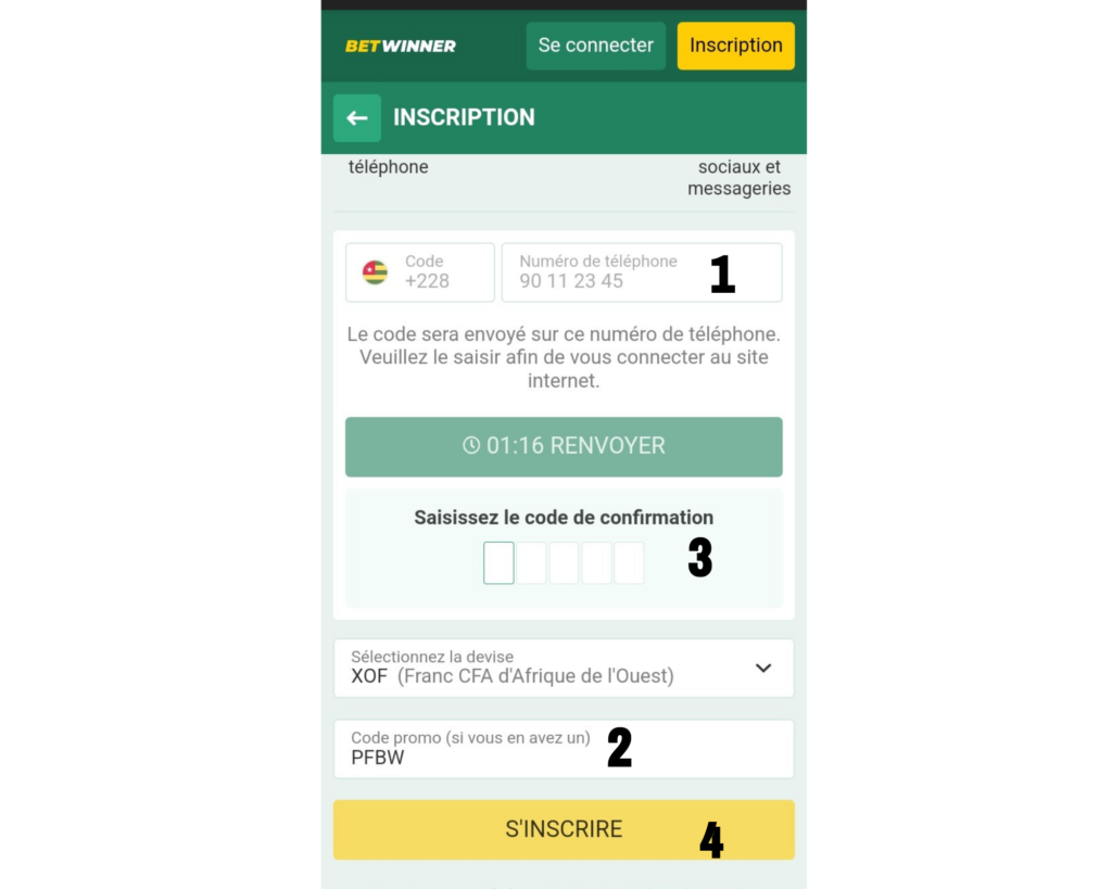 Inscription par téléphone sur Betwinner