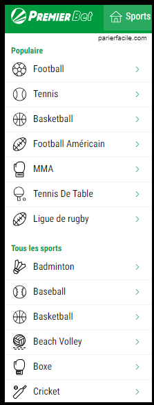 Liste des sports disponibles sur premier bet Benin