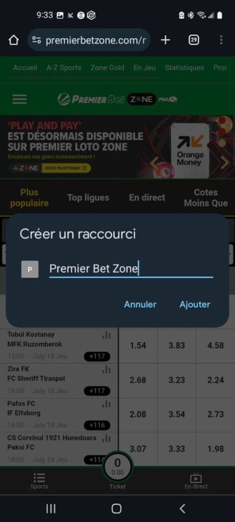 Etape 3 Ajouter premier bet zone mali à l'écran d'accueil