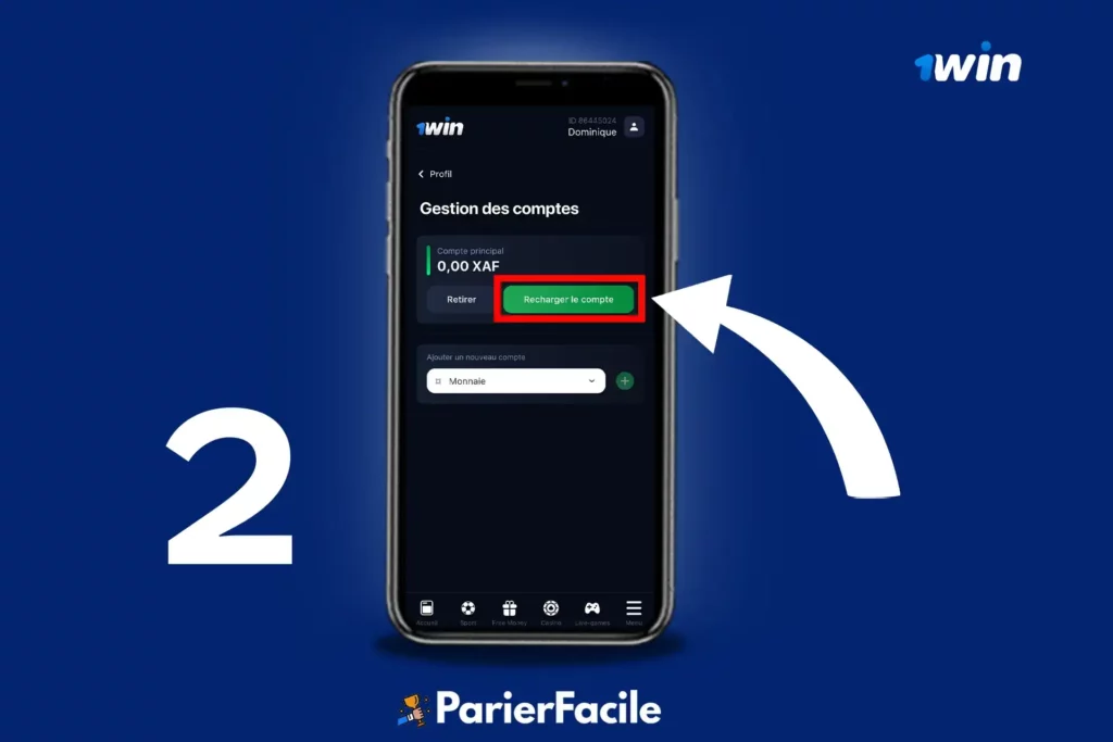 1win dépôt étape 2