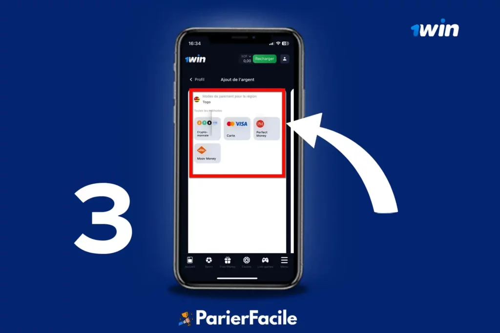 1win dépôt étape 3