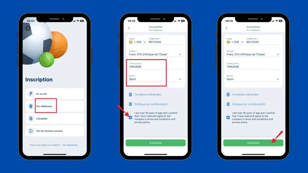 créer un compte 1xbet RUSSE par téléphone