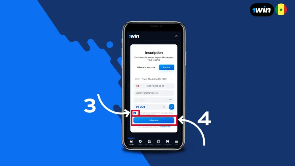 Etape 2 pour s’inscrire sur 1win Sénégal