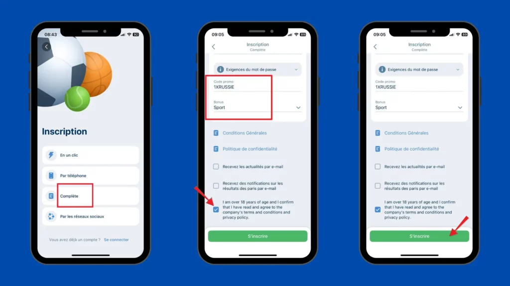 Inscription complète sur 1xbet