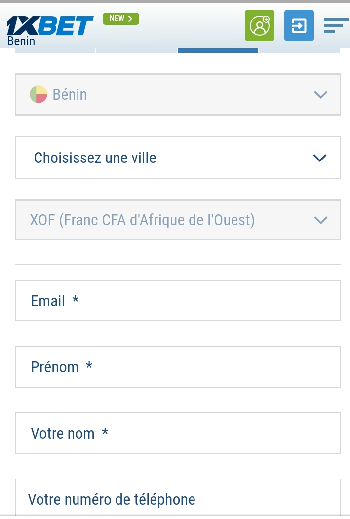 Formulaire d'inscription 1xbet