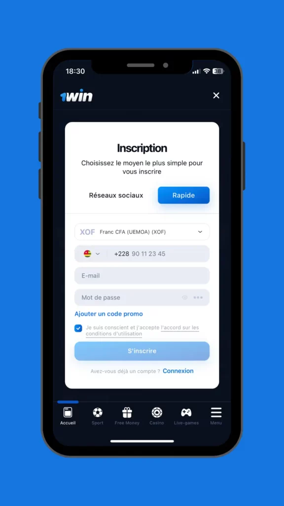 S'inscrire rapidement sur 1win Togo