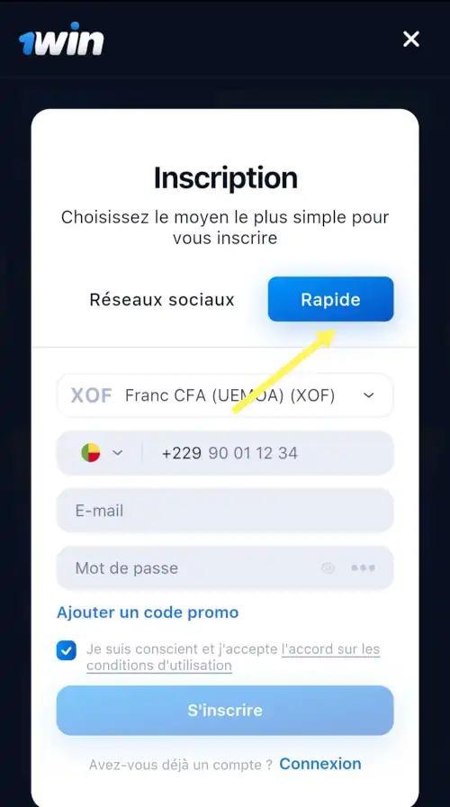 Inscription sur 1win bénin