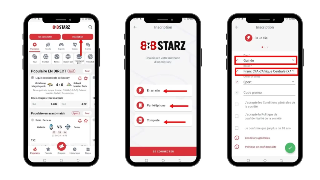 Inscription sur 888Starz Guinée