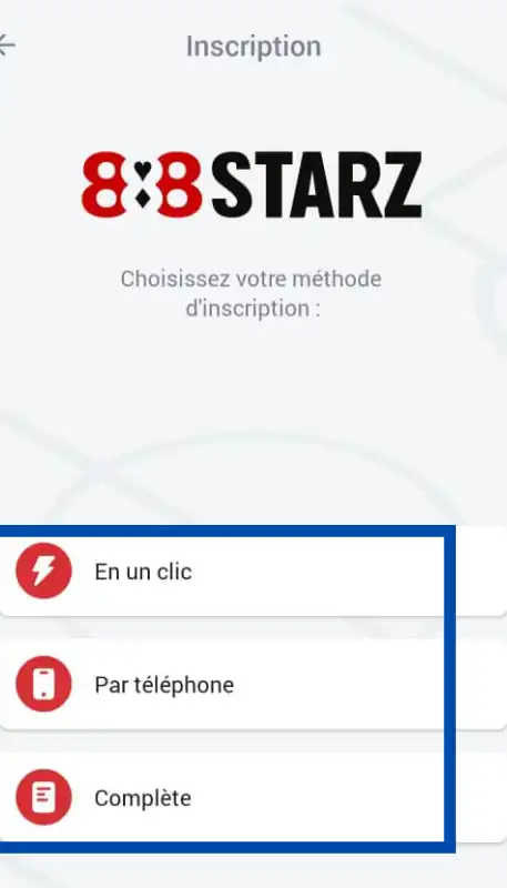 choisir méthode d'inscription sur 888Starz