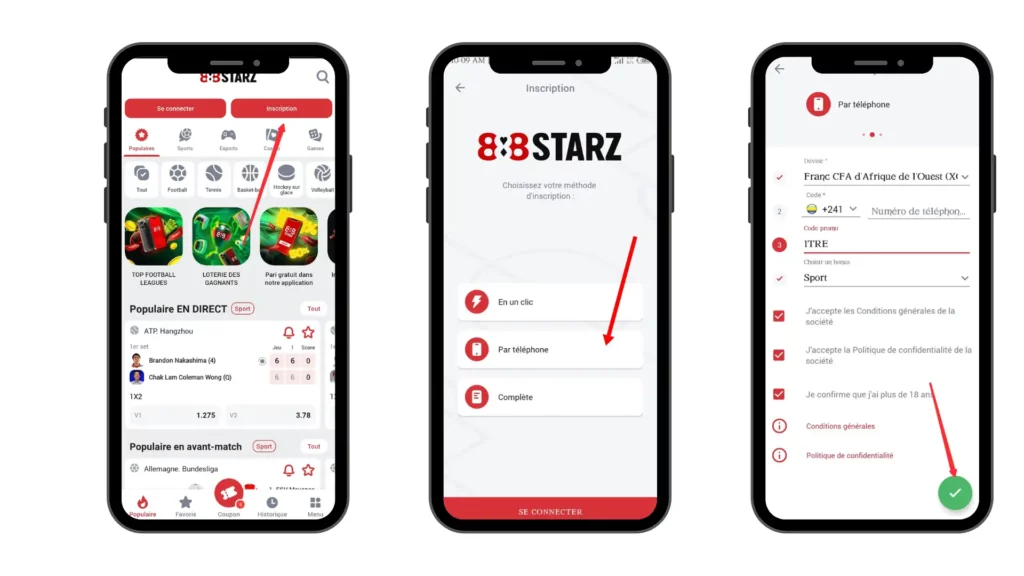 L'inscription sur 888Starz Gabon par téléphone 