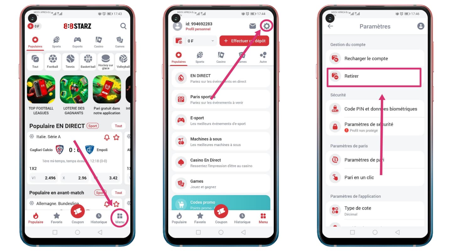 Retrait 888Starz étape 1