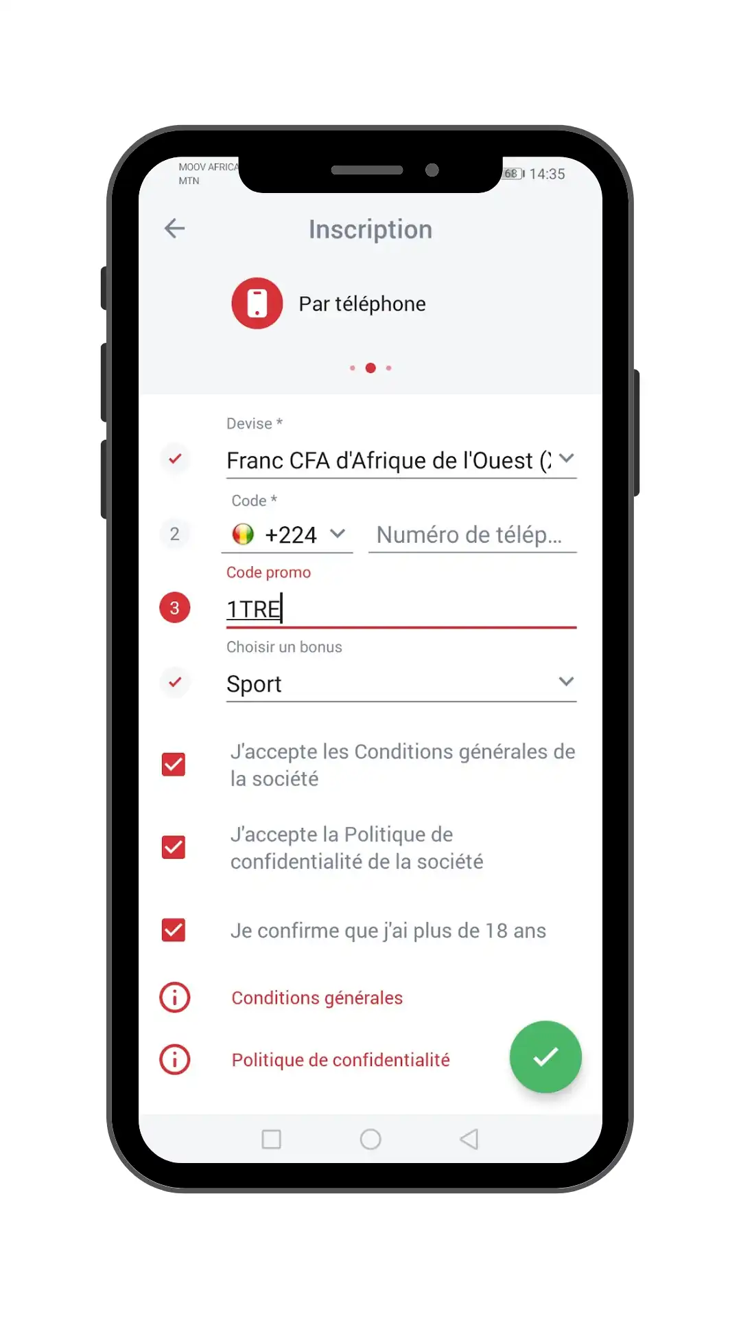 Faire une inscription sur 888Starz Guinée par téléphone