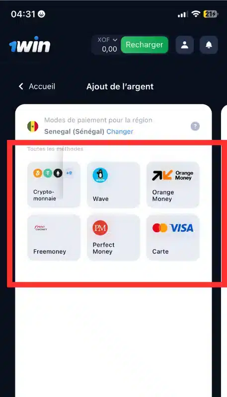 dépôt 1win Sénégal