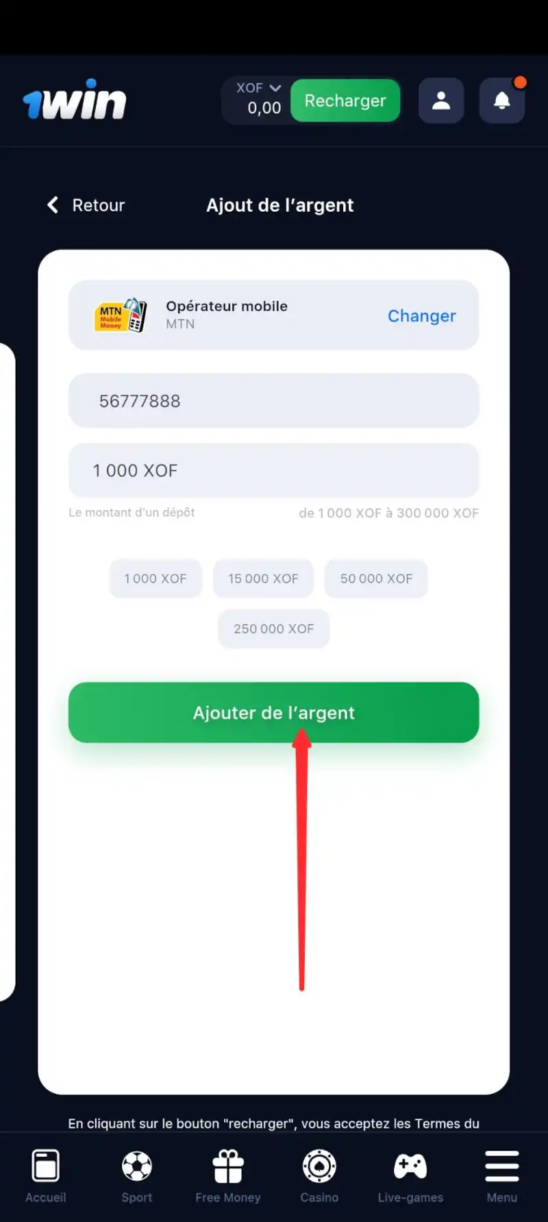 ajouter de l'argent sur 1win bénin