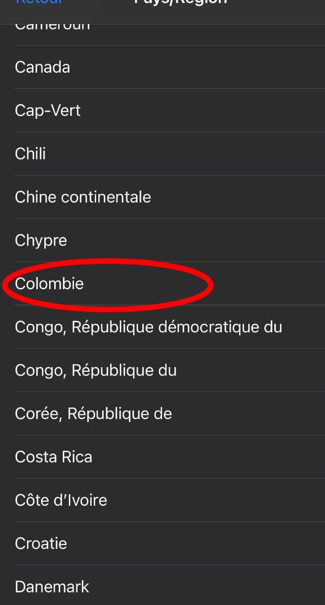 Choix du pays sur iOS