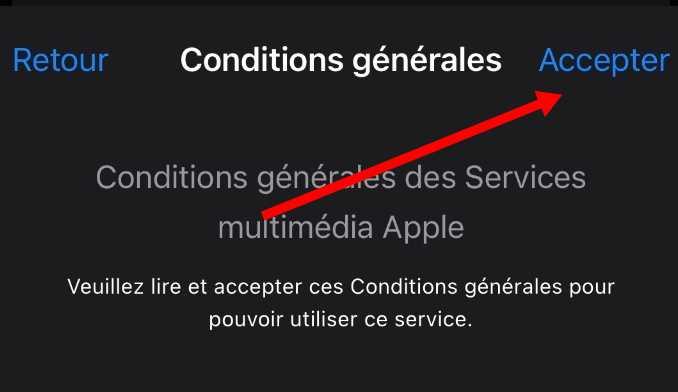 Accepter les conditions d'utilisation Apple