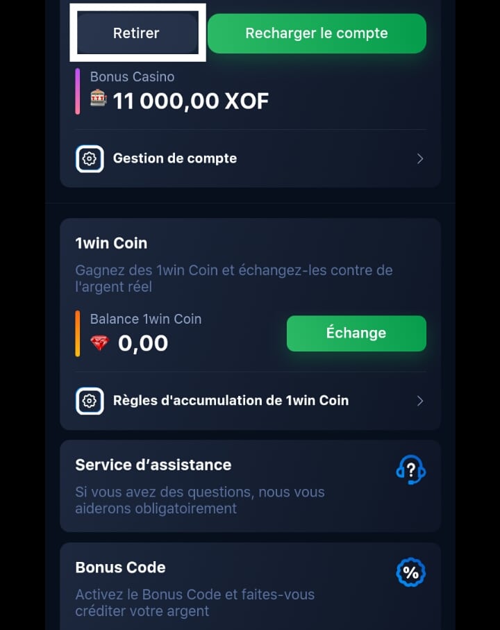 Retirer de l'argent sur son compte 1win Guinée