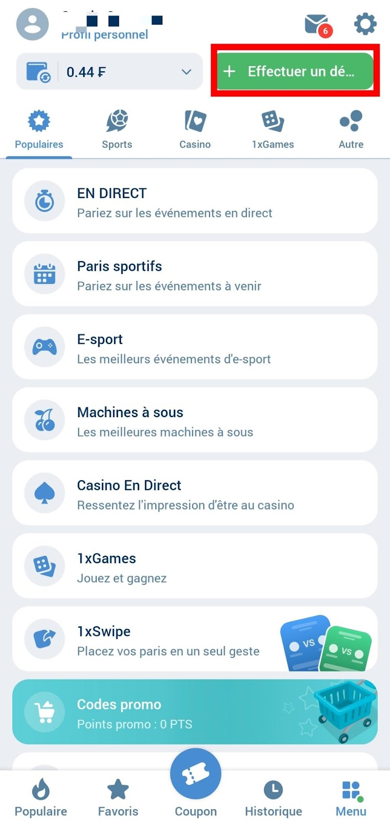 Effectuer un dépôt sur 1xbet