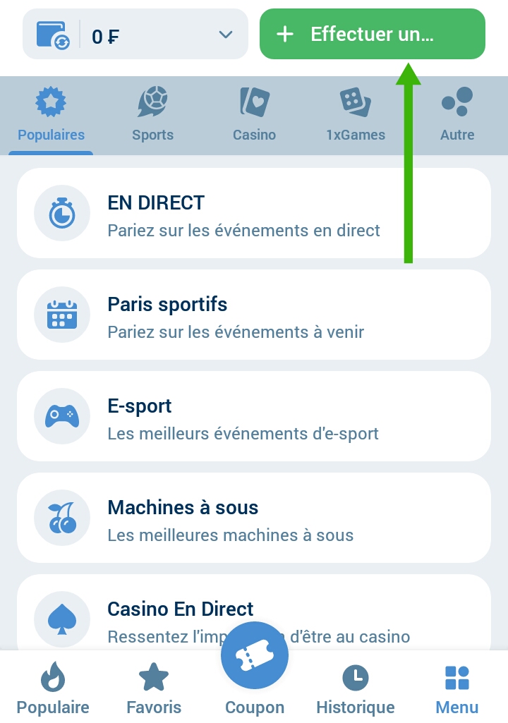 Effectuer un dépôt 1xbet