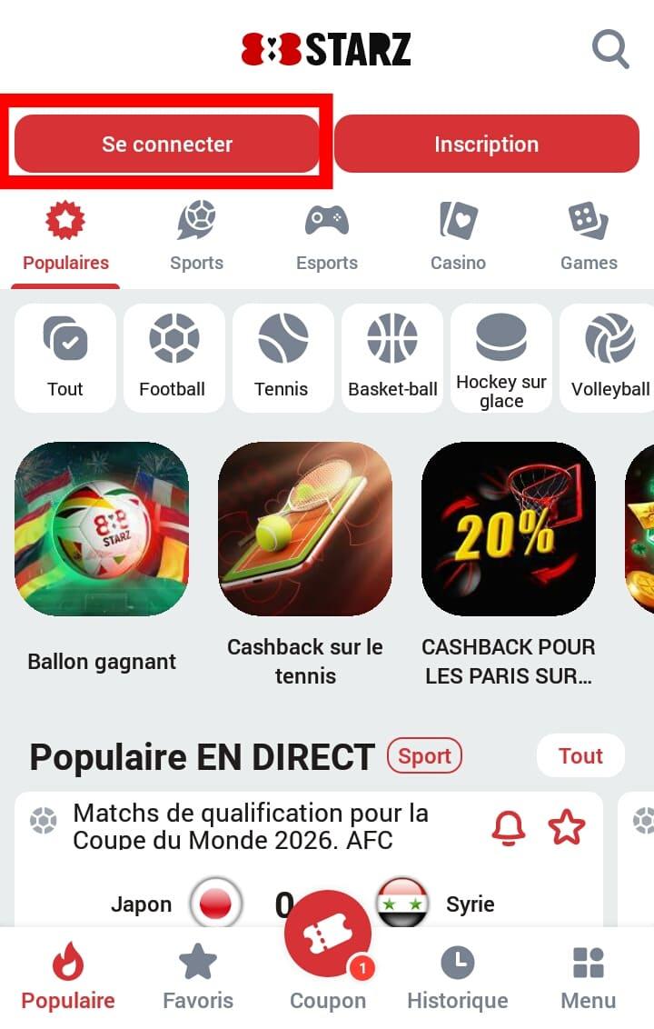 Se connecter à son compte 888starz CI