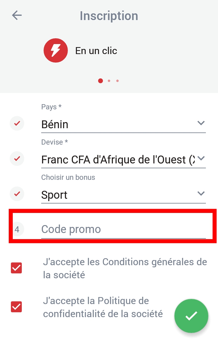 Ajouter le code promo 888starz Bénin 1TRE