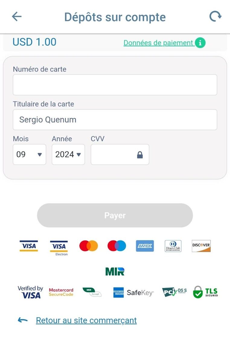 Processus de dépôt 1xbet avec une carte visa