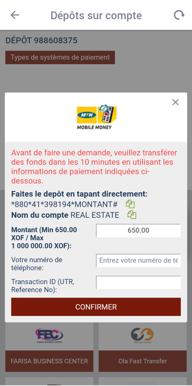 Dépôt 888starz Togo via MTN Money