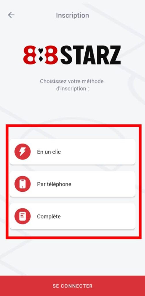 Choix de la méthode d'inscription 888starz Burkina Faso