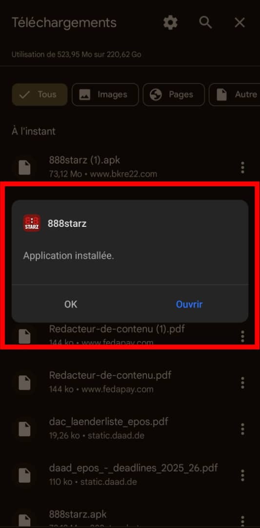 Fin de l'installation de 888starz Burkina Faso apk