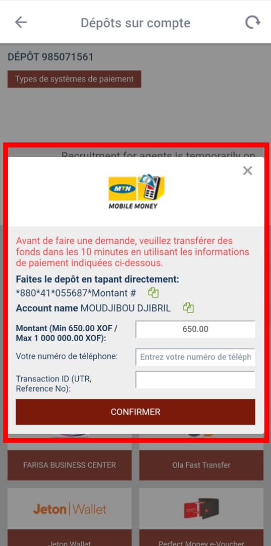 Déposer de l'argent sur son compte sur 888starz Burkina Faso avec MTN Money