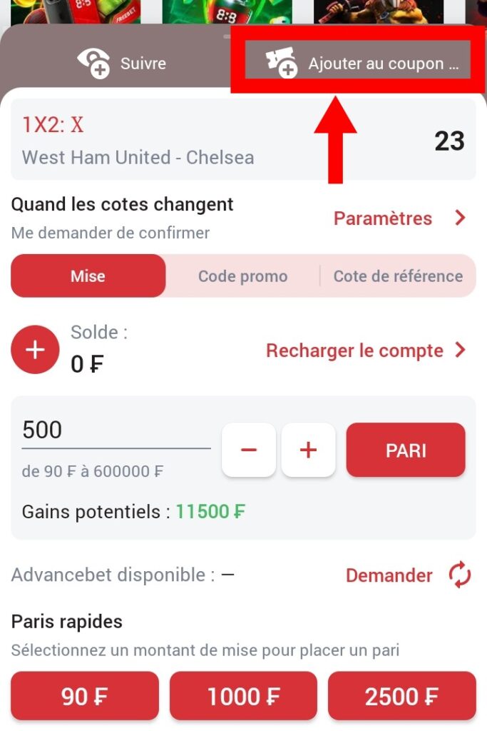 Ajouter un pari au coupon de paris sportifs sur 888starz Burkina Faso