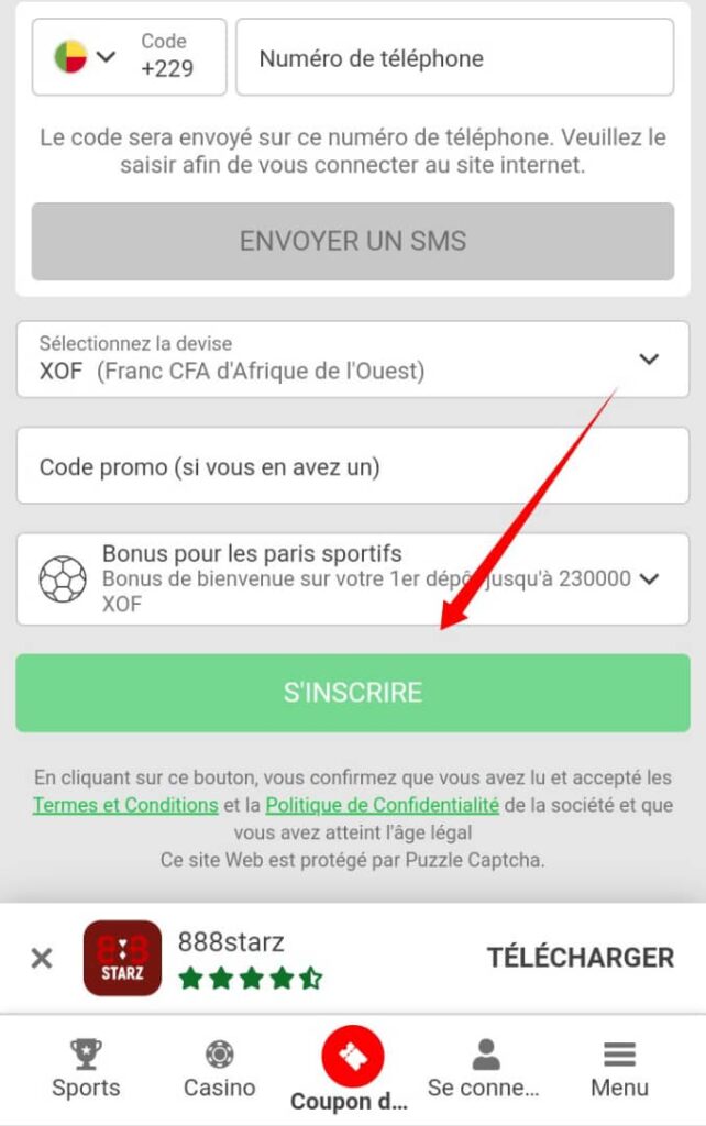 Confirmer l'inscription 888starz Burkina Faso