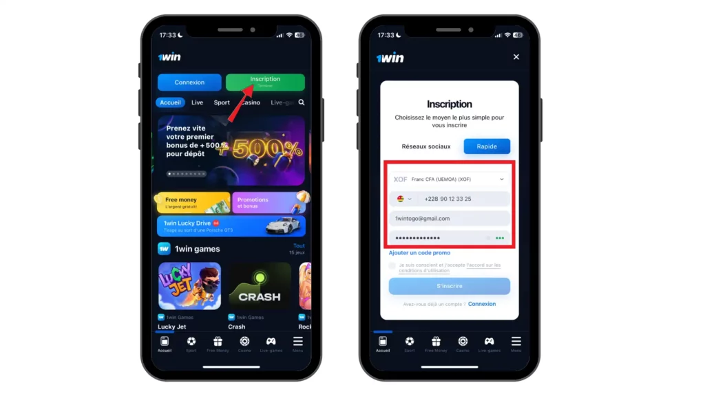 S'inscrire sur 1win Togo