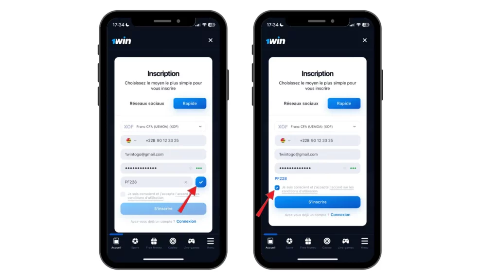 S'inscrire sur 1win Togo