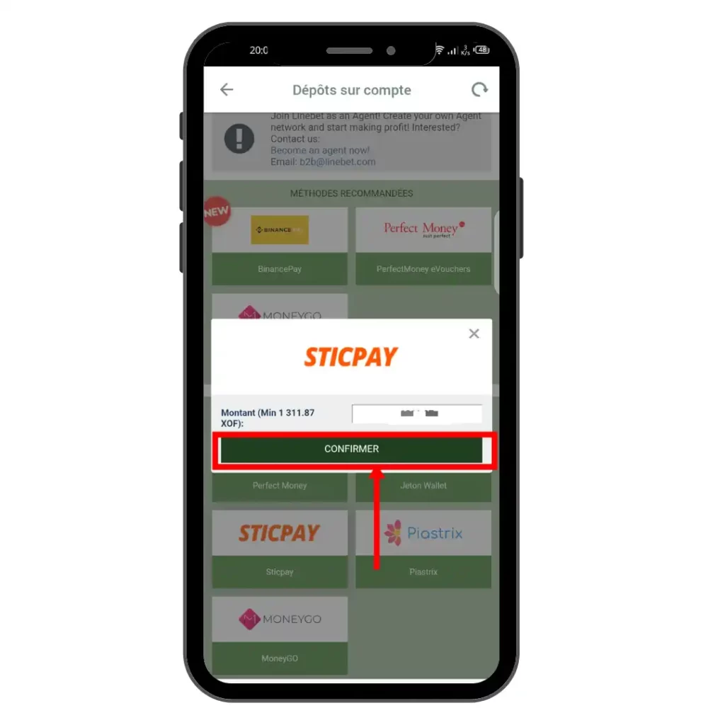 faire un dépôt sur Linebet