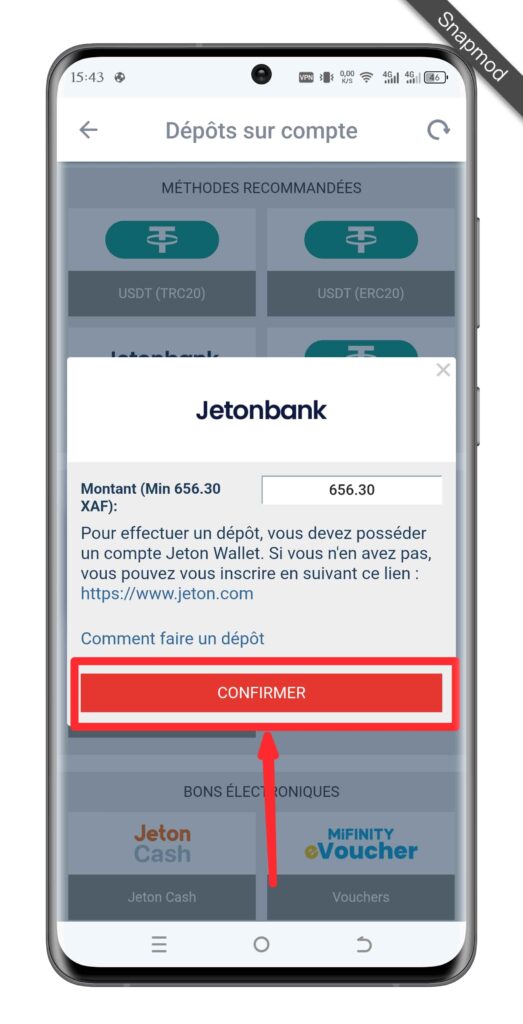 Saisissez le montant de dépôt et validez le dépôt