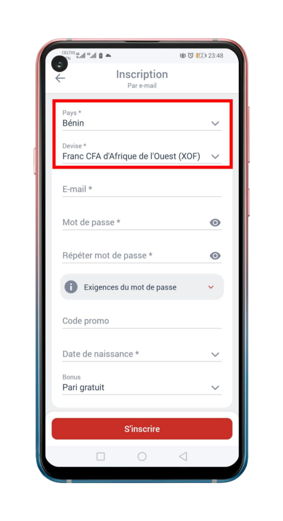 Inscription sur Megapari Bénin à partir de Megapari Bénin Apk