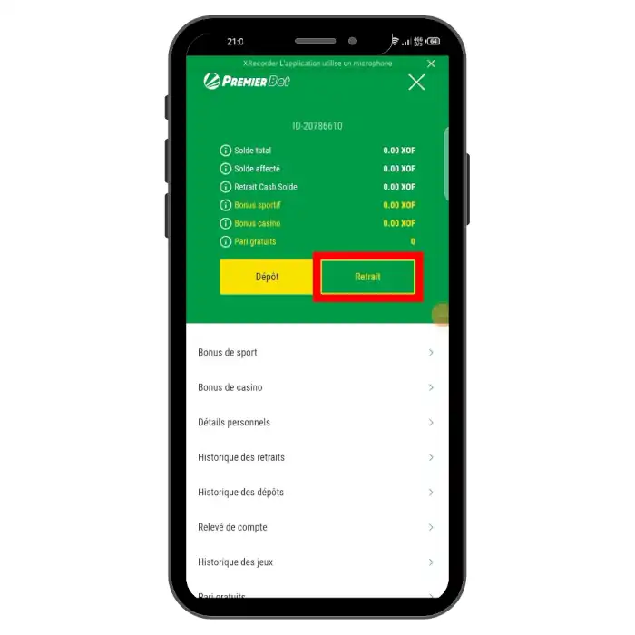 retrait d'argent sur Premier Bet