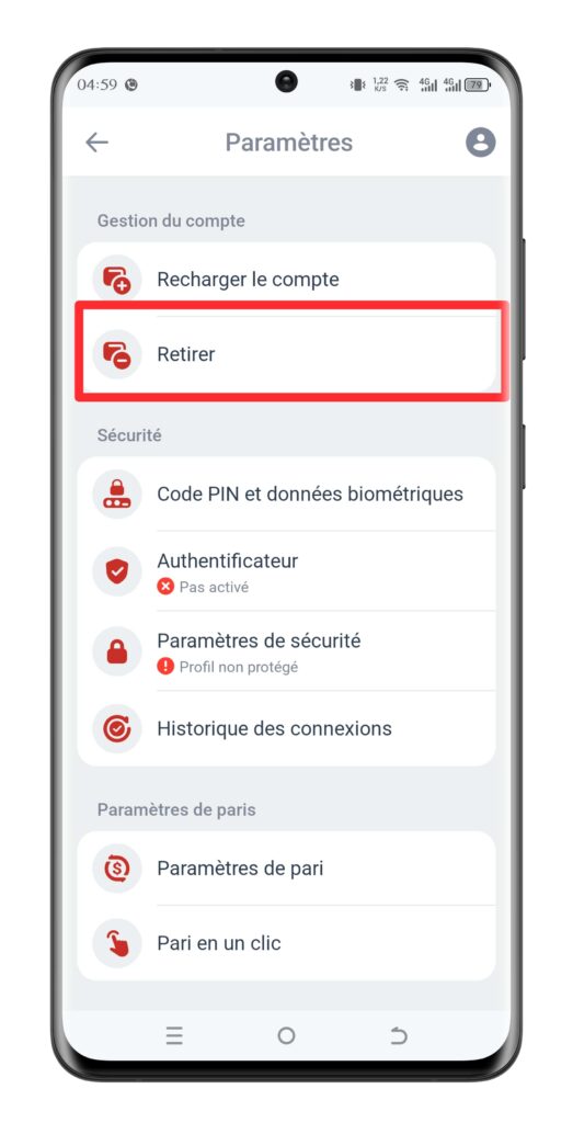 Accédez à la section Retrait