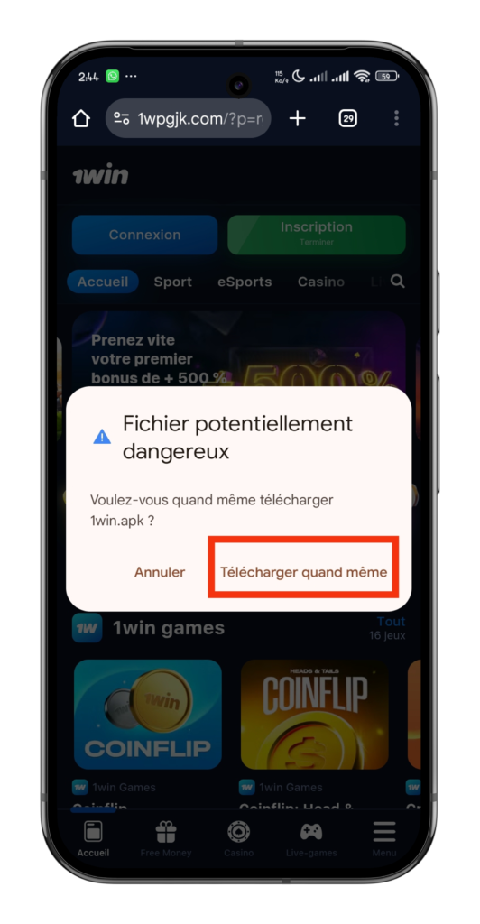 Accepter télécharger quand même 1win Apk