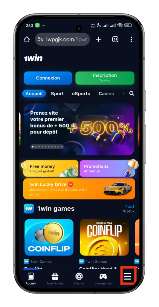 Aller sur le site 1win officiel dans le navigateur