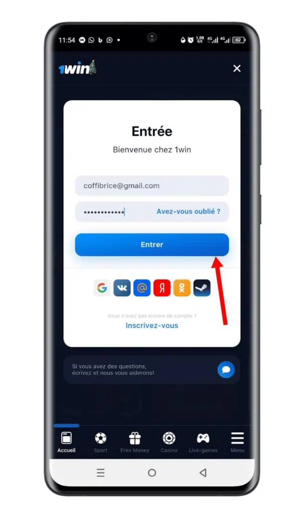 Étape 1 Connecter à son compte 1win