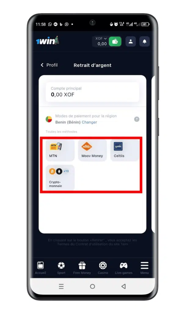 Étape 4 Sélectionner une méthode de retrait 1win