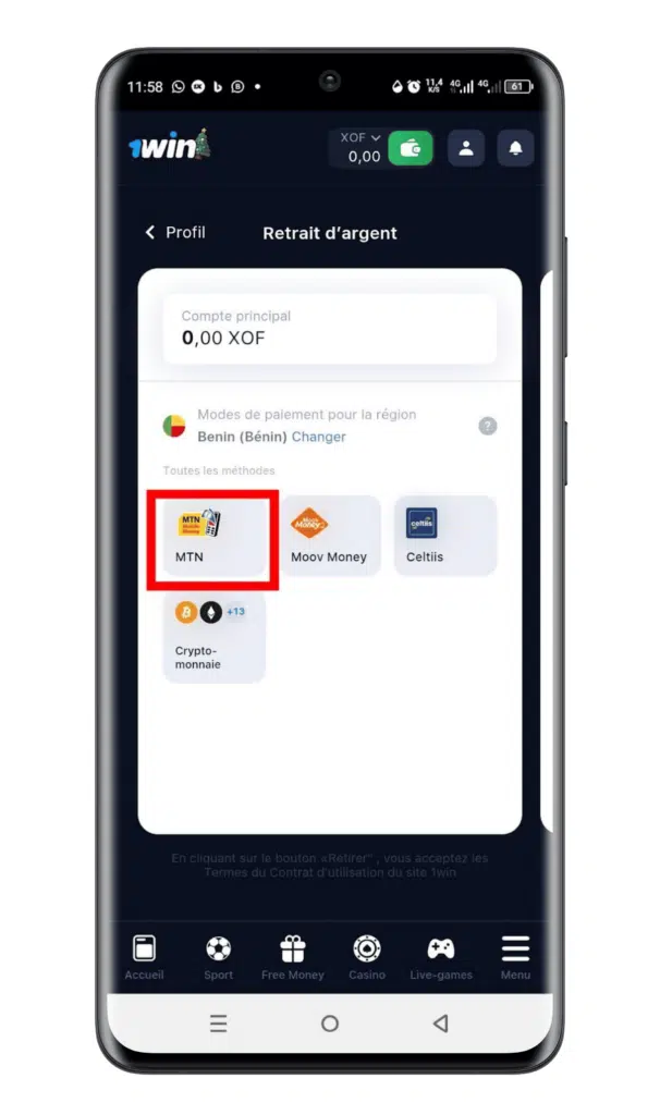 Étape 5 Effectuer le retrait via MTN Money