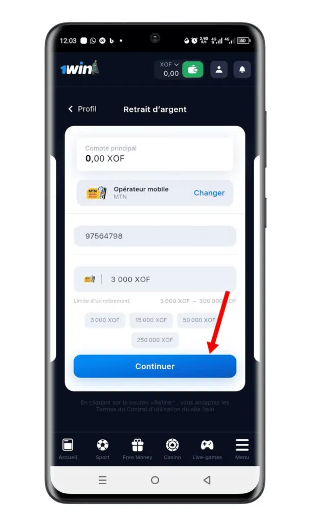 Étape 6 Valider le retrait 1win via MTN Money